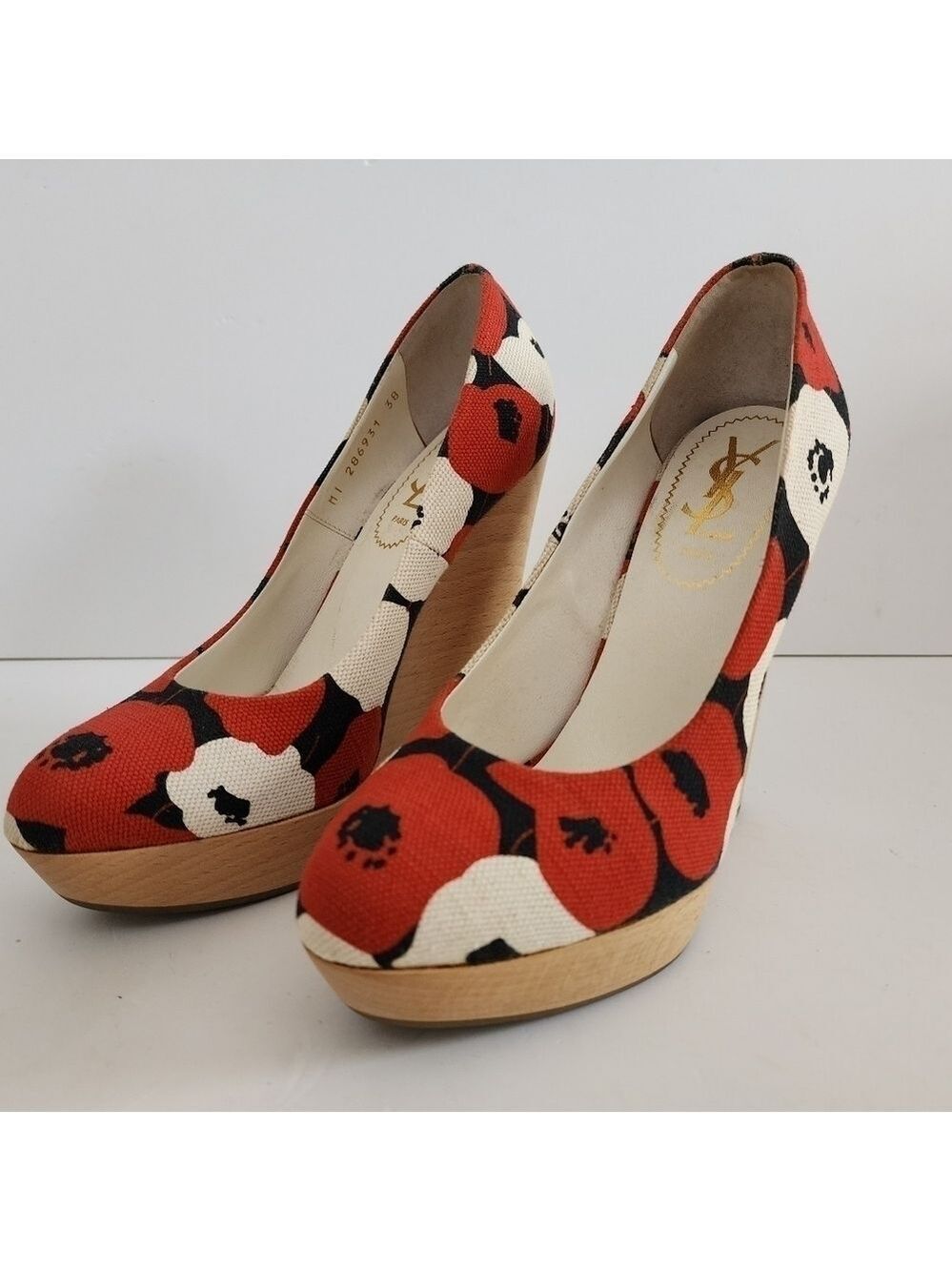 YSL Yves Saint Laurent Floral Canvas Platform Wedge Size 38